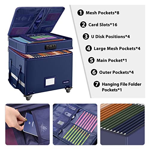 DocSafe File Box with Lock, 2-Layer Fireproof Document Box with Wheels,Collapsible File Storage Organizer with Pockets,Large Portable Office Filing Cabinet Hanging Folders,Blue,16''x13.8''x12.2'' - color: Blue