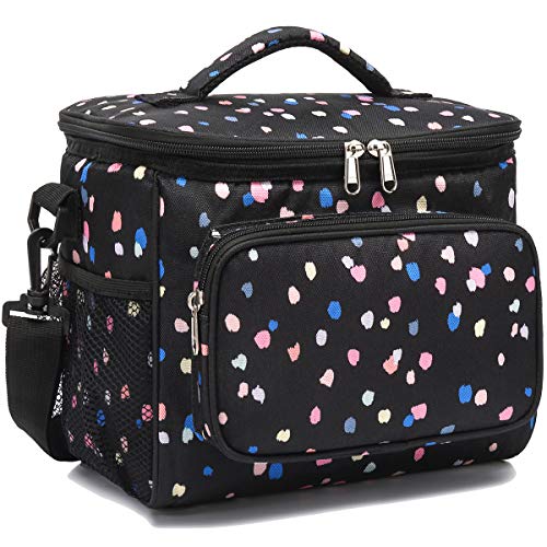 FlowFly Insulated Reusable Lunch Bag Adult Large Lunch Box for Women and Men with Adjustable Shoulder Strap,Front Zipper Pocket and Dual Large Mesh Side Pockets,BlackFlower - color: BlackFlower