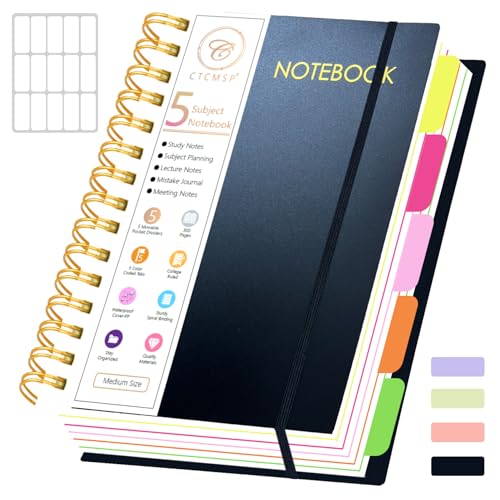 CTCMSP 5 Subject Spiral Notebook with Removable Dividers Tabs Hardcover Notebook Journal for Women Men,Perfect for Academic Supplies,College Ruled,300 Pages (Black)