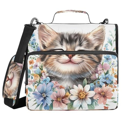 3 Ring Zipper Binder with Shoulder Strap, 500 Sheets Capacity, Multi-Pocket Organizer for School/Office, 1.5 Inch D-Rings Zip Binder (Cute Kawaii Cat)