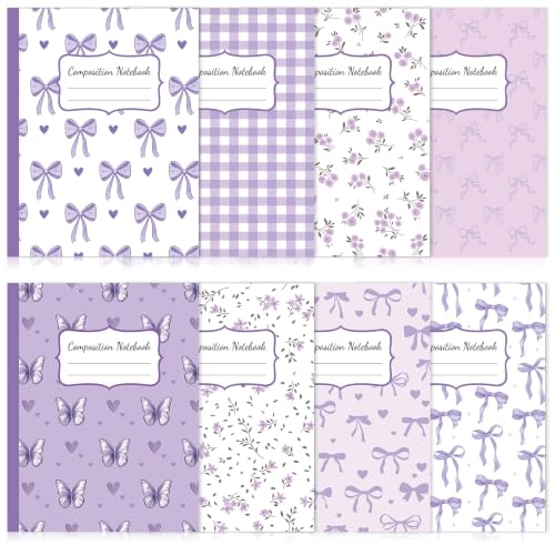 8 Pack Purple Bow Composition Notebooks Bulk Purple Notebook College Ruled Journal 100 Pages Cute Aesthetic Bow Composition Books Back to School Gift for Student Teacher Office Supplies 9.7x7.5 Inch - color: Purple Bow