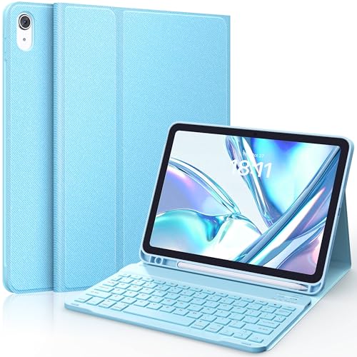 CHESONA Compatible for iPad 11th(A16)/10th Generation Case with Keyboard | Detachable Wireless Keyboard, Stand Folio Keyboard Cover with Pencil Holder, Thin & Light, Black - color: Light Blue