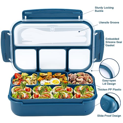 shell and turtle Bento Box Adult Lunch Box, Kids Lunch Containers for School with 4 Compartments, with Utensils, Sauce Jar, Muffin Liners, Microwave Safe, Navy - color: Navy