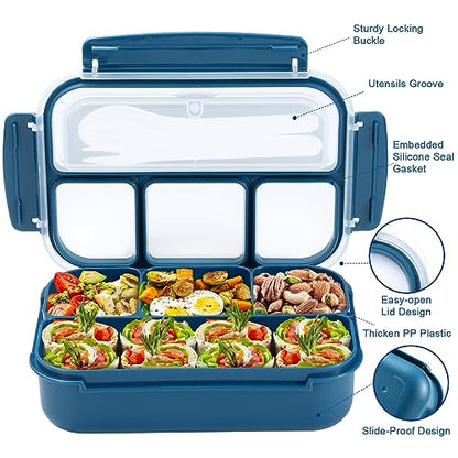 shell and turtle Bento Box Adult Lunch Box, Kids Lunch Containers for School with 4 Compartments, with Utensils, Sauce Jar, Muffin Liners, Microwave Safe, Navy - color: Navy