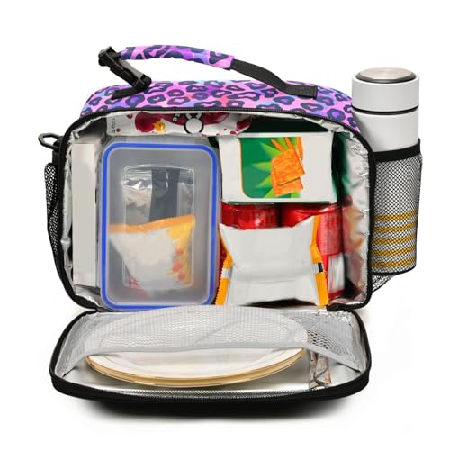 MNSRUU Student Lunch Bag Neon Purple And Pink Leopard Insulated Lunch Totes Picnic Bag Lunch Box with Adjustable Shoulder Strap for Teen Kids Adults - color: Leopard 13