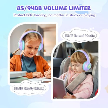 [Purple + Blue] Kids Headphones for School Travel, 85/94dB Volume Litmit, HD Mic Stereo Sound Wired Over-Ear Toddler Girls Boys Headphones for Kid, Foldable 3.5mm for Tablet