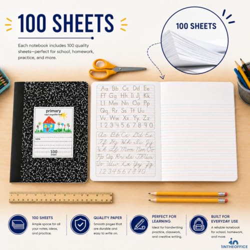 1InTheOffice Primary Composition Notebook, 7 1/2" x 9 3/4", Unruled/Primary Ruled, 100 Sheets