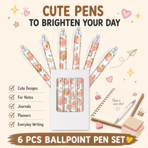 6 Pack Peach Inspirational Pens, Cute Kawaii Fruit Ballpoint Pen Set for Girls Kids Teens, Aesthetic School Supplies with Fun Peach Designs, Teacher Gifts, Classroom Rewards, Office Accessories
