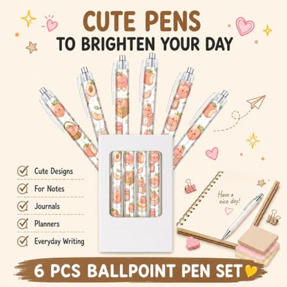 6 Pack Peach Inspirational Pens, Cute Kawaii Fruit Ballpoint Pen Set for Girls Kids Teens, Aesthetic School Supplies with Fun Peach Designs, Teacher Gifts, Classroom Rewards, Office Accessories