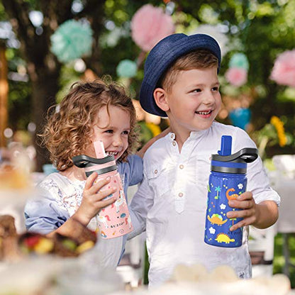 14oz Kids Insulated Water Bottle with 2 Tritan Straw Lids, BUZIO Toddlers Stainless Steel Bottle, Double Walled Wide Mouth Sports Drink Flask Simple Thermo Canteen Cup, with Blue Dinosaur Park - color: Blue Dinosaur Park