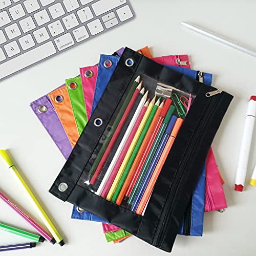 YoeeJob Pencil Pouch for 3 Ring Binder, 50 Pack Binder Pouches with Zipper Bulk, Pen Holder Case with Clear Window School Class Office Organizers, Black
