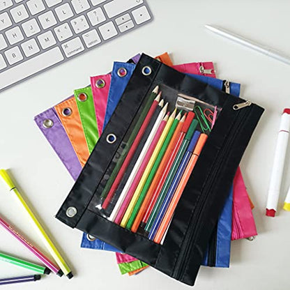 YoeeJob Pencil Pouch for 3 Ring Binder, 50 Pack Binder Pouches with Zipper Bulk, Pen Holder Case with Clear Window School Class Office Organizers, Black