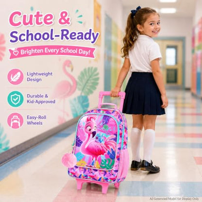 gxtvo Girls Rolling Backpack, Cute Flamingo Roller Wheels Kids Bookbag - Wheeled Elementary School Bag - 3PCS Flamingo - color: Uv Printing Flamingo Pink Rolling Backpack