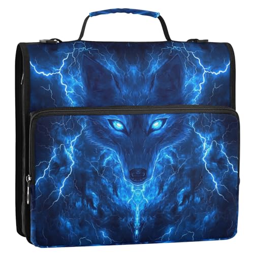 Blue Wolf with Glowing Eyes 3 D-Ring 2 inch Zipper Binder Bag with Shoulder Strap, Multi-Pocket Portfolio Organizer Case for 13 Inch Laptop Middle School - color: Blue Wolf Glowing Eyes