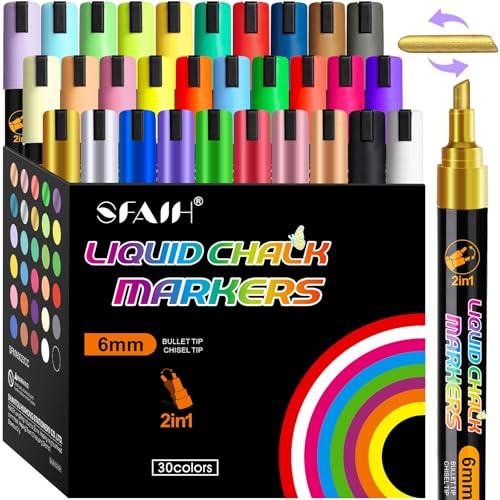 SFAIH Liquid Chalk Markers [1-Second Wet Wipe] No Residue - 6mm 30 Colors [Neon+Pastel+Metallic] Zero Dust Chalkboard Markers for Chalkboard Calendar, Glass, Window, Menus, Labels, Signs, Bistro - color: 30 Colors