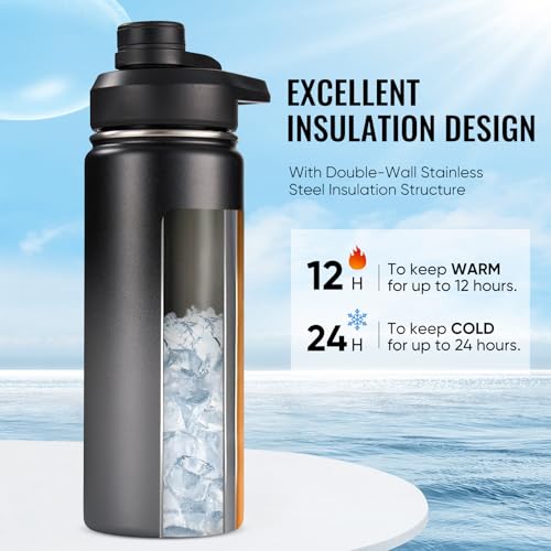 Fijinhom Insulated Water Bottle with Handle, 304 Stainless Steel Water Bottles with Wide Mouth, Double Wall Vacuum Sports Water Bottle, BPA Free, Keep Cold and Hot, 18 Ounces, Black/Gray - color: Black/Gray, size: 18 Ounces