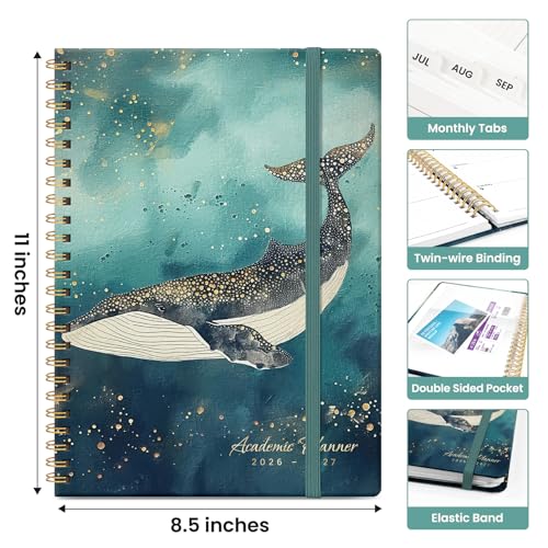 Planner 2026-2027, Academic Monthly and Weekly Calendar Planner for Women, July 2026 - June 2027, Hardcover Pretty Agenda Planner Book with Tabs, Spiral Daily Organizer for School Office Home Supplies, 8.5" x 11" - Whale Dreams - color: B-Whale Dreams, si