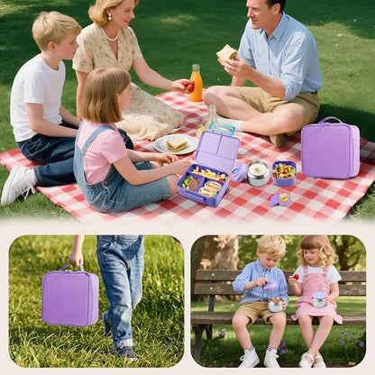Bento Lunch Box for Kids with Thermo, Leakproof Bento Box with 8oz Insulated Food Jar, Lunch Bag, BPA Free Dishwasher Safe 4 Compartment Container for School Girls Boys (Purple) - color: Purple1