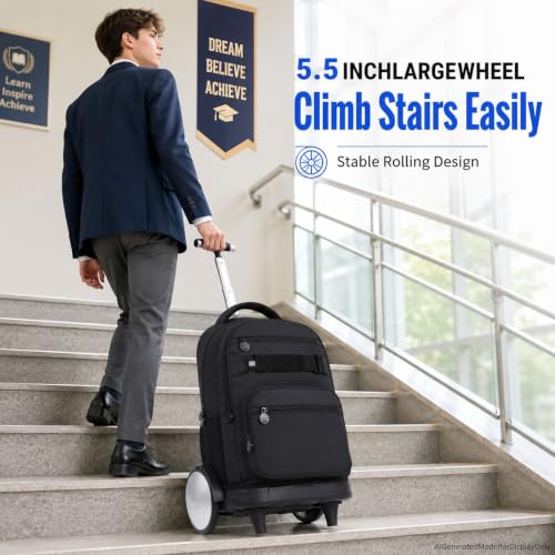 3Pcs Large Rolling Backpack for Teen Boys Men, 20 Inch Detachable Wheeled Bookbag with Lunch Box, Durable Oxford Cloth Roller Backpack for College School Travel (Black) - color: Large Wheels Classic Black