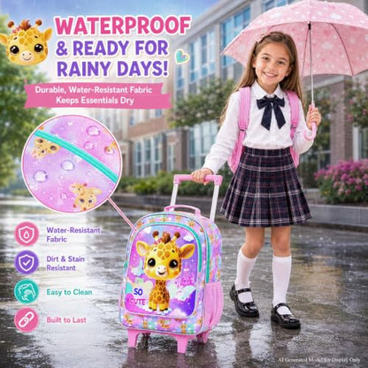 HPJGD 3PCS Giraffe Rolling Backpack for Girls, Kids School Backpacks with Wheels, Water Resistant UV Printed Roller Wheeled Bookbag Set - color: Glittering Priting Yellow Giraffe Rolling Backpack