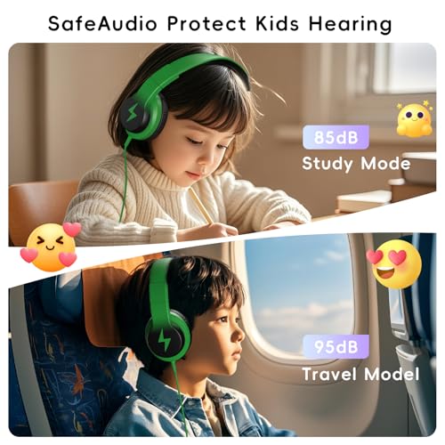 Candy Bila Kids Headphones, Wired Headphones for Kids Over Ear with Microphone, Foldable Headphone for Learning & Entertainment, Black and Green - color: Black and Green