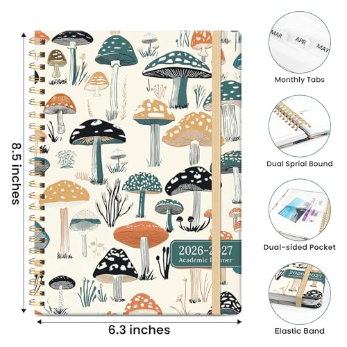 Planner 2026-2027, Academic Planner Weekly and Monthly, Jul 2026 - Jun 2027, Spiral Bound School Planning Tool with Tabs and Pocket, Perfect for Students & Teacher, 6.3" x 8.5", Mushrooms Grove - color: C-Mushrooms Grove, size: 6.3"x8.5" (A5)