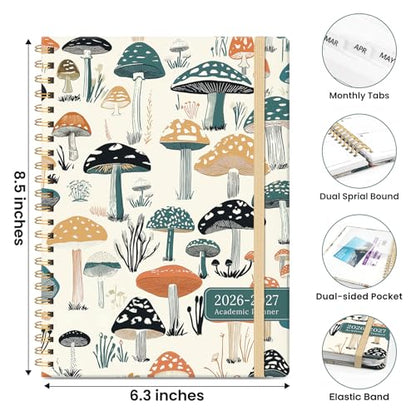 Planner 2026-2027, Academic Planner Weekly and Monthly, Jul 2026 - Jun 2027, Spiral Bound School Planning Tool with Tabs and Pocket, Perfect for Students & Teacher, 6.3" x 8.5", Mushrooms Grove - color: C-Mushrooms Grove, size: 6.3"x8.5" (A5)