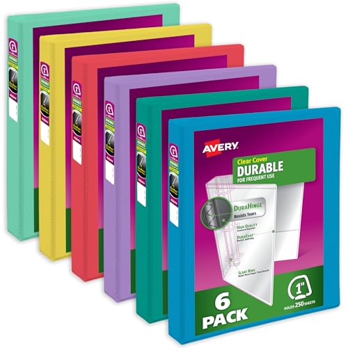 Avery Durable View 3 Ring Binders, 1 Inch Slant Rings, 250-Sheet Capacity, Assorted Bright Colors, 6-Pack (05631) – for School, Office, Teachers, Classrooms & Home Organization
