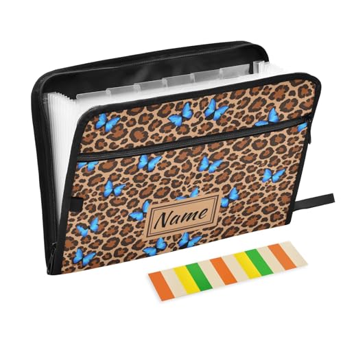 Blue Butterfly Leopard Cheetah Print Expanding File Folder, 13 Pockets Accordion File Organizer with Sticky Labels Zipper Portable A4 Document Organizer for Home Office School Supplies - color: A13