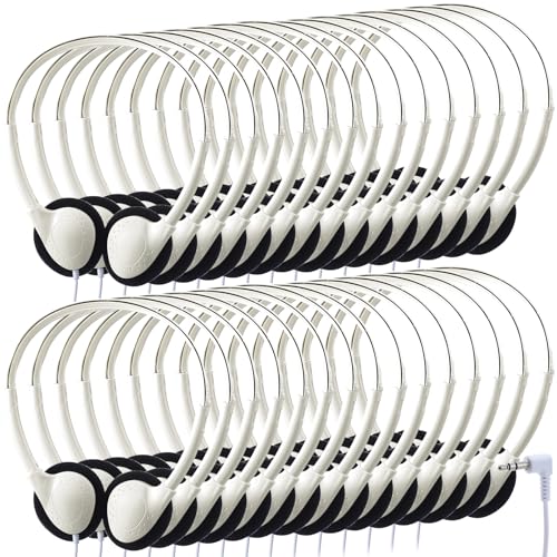 Konohan 30 Pack Headphones Bulk Headphone for School Classroom Student Wired Headphones Adjustable with 3.5 mm Jack for Adults (White) - color: White