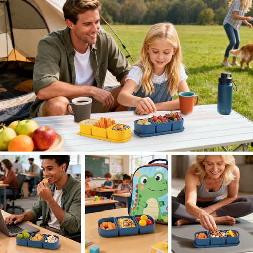 2 Pack Silicone Snack Containers, 3-Compartment Snackle Box with Leak Proof Lids, Reusable Small Divided Food Storage for Kids Lunch, School Travel Adults - color: 3-Compartment (2-Pack)-Blue,Yellow