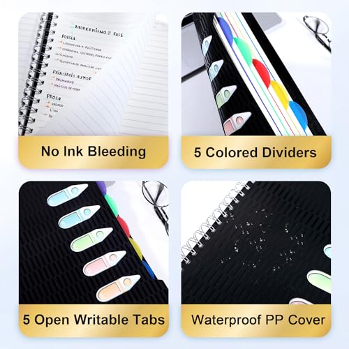 CAGIE 5 Subject Notebook with Dividers, A4 Spiral Notebook 8.5 x 11, 240 Pages Wide Ruled Notebook College Ruled, Large Hardcover Notebook for Note Taking for Work, School, Office, Black | College Ruled, Large Notebook, Notebook for Note Taking for Work,