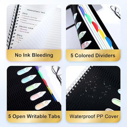 CAGIE 5 Subject Notebook with Dividers, A4 Spiral Notebook 8.5 x 11, 240 Pages Wide Ruled Notebook College Ruled, Large Hardcover Notebook for Note Taking for Work, School, Office, Black | College Ruled, Large Notebook, Notebook for Note Taking for Work,