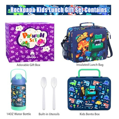 rockpapa Kids Lunch Box Set with 14oz Insulated Water Bottle & Lunch Bag, Leakproof 5.5 Cups Bento Box for School & Children, BPA-Free, Microwave Safe for Boys Girls (Blue Dinosaur) - color: Blue Dinosaur