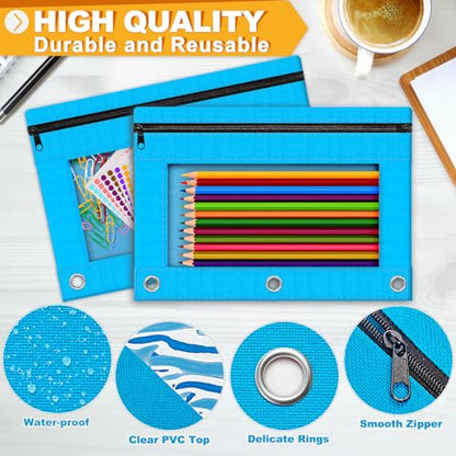 Pencil Pouch for 3 Ring Binder, 2 Pack Pencil Bags with Zipper, Sky Blue Pencil Case for Classroom School Office Supplies, Large Sturdy and Durable Cloth Pencil Pocket for 3 Holder Binder - color: Sky Blue