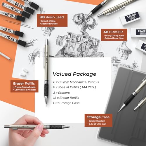 Nicpro 0.5 mm Art Mechanical Pencils Set in Case, 6 PCS Metal Drafting Pencil Lead Pencil 0.5mm with 6 Tube HB Lead Refills, 3 Erasers, 18 PCS Eraser Refills for Artist Writing, Drawing, Sketching - style: 6 Pack (0.5mm)