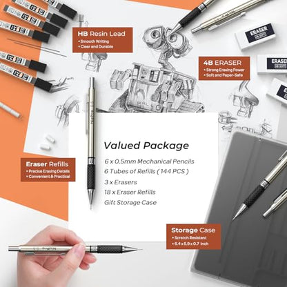 Nicpro 0.5 mm Art Mechanical Pencils Set in Case, 6 PCS Metal Drafting Pencil Lead Pencil 0.5mm with 6 Tube HB Lead Refills, 3 Erasers, 18 PCS Eraser Refills for Artist Writing, Drawing, Sketching - style: 6 Pack (0.5mm)