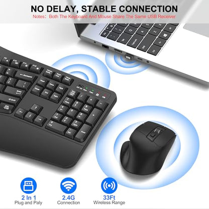Wireless Keyboard and Mouse Combo, 2.4G Full Size Wave Keys Ergonomic Keyboard with Wrist Rest and 3-Level DPI Adjustable Wireless Ergonomic Mouse for Windows, Mac OS Desktop/Laptop/PC(Graphite) - color: Graphite