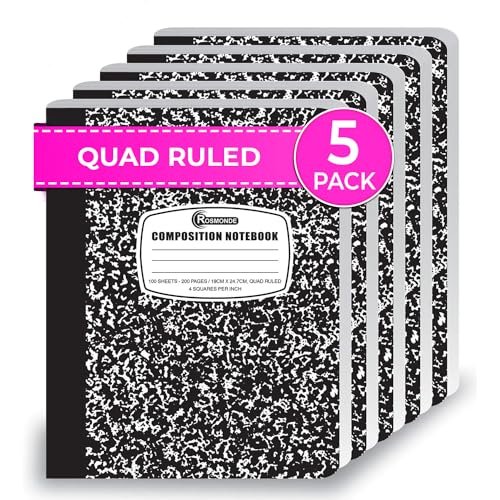 Rosmonde Graph Paper Composition Notebook, 5 Pack, 200 Pages (100 Sheets), Quad Ruled Composition Notebook, Graph Notebooks, 4x4 Grid Composition Notebook, Black Marble, Sewn Hard Cover, 9-3/4 x 7-1/2 - size: 5 Pack, style: Black Marble