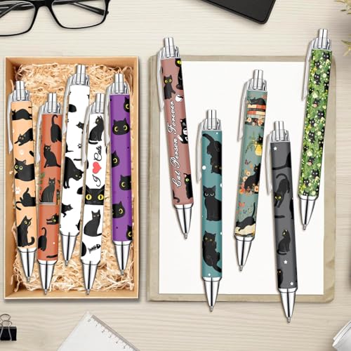 Idealmuzik Black Cat Ballpoint Pens Set – Cute Aesthetic Cat Design Pens for Office, Journaling, and Stationery Lovers – Smooth Writing Pens for Daily Use, Notes, or Gifts – Stylish & Fun, 10 Pack - style: Black Cat