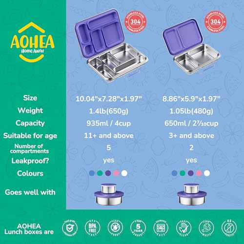 AOHEA Stainless Steel Bento Box Kids, Kids Metal Bento Lunch Box BPA Free Lunch Box Containers 304 Stainless Steel Bento Box for School and Office(Purple) - color: Purple-05