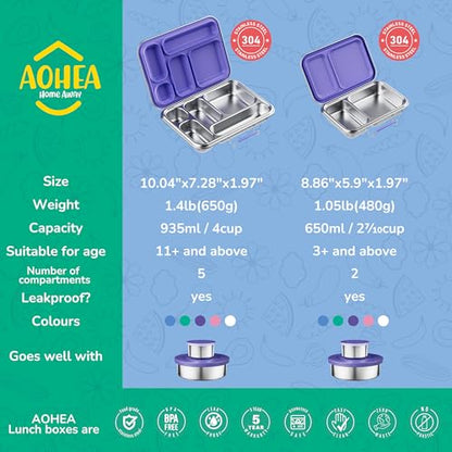 AOHEA Stainless Steel Bento Box Kids, Kids Metal Bento Lunch Box BPA Free Lunch Box Containers 304 Stainless Steel Bento Box for School and Office(Purple) - color: Purple-05