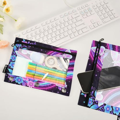 Gredecor 3 Ring Binder Pencil Pouch, Neon Butterflies and Flowers Zippered Pen Case Pouches with Clear Window, 2 Pack Stylish Office & School Supplie - color: Neon Butterflies and Flowers
