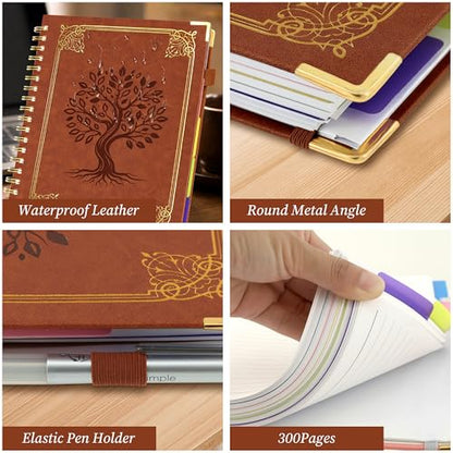 Hardcover Spiral Notebook Journal with Removable Dividers Tabs, 5 Subject Notebooks for Work School, 300 pages 8"x10" B5 leather Journal College Ruled, Cute Journal for Women Men, Brown - color: Brown