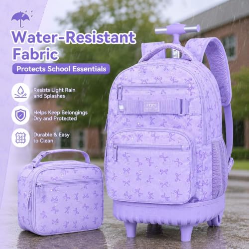 gxtvo Girls Rolling Backpack, Women Roller Bookbag with Lunch Box for Adults, Water Resistant Wheeled School Bag for College Teens Kids Travel - Purple Bow - color: Girls Rolling Backpack Bow Purple