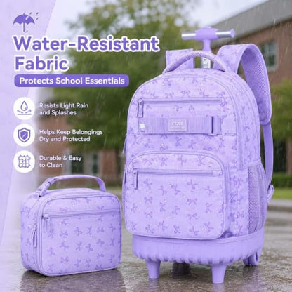 gxtvo Girls Rolling Backpack, Women Roller Bookbag with Lunch Box for Adults, Water Resistant Wheeled School Bag for College Teens Kids Travel - Purple Bow - color: Girls Rolling Backpack Bow Purple