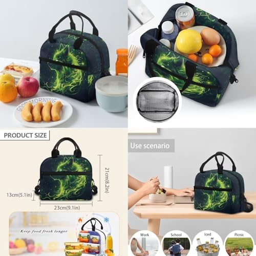 17 Inch Kid's 4PCS Backpack Set, Back to School Essentials | Insulated lunch box, water bottle pouch, pencil case, lightweight, padded shoulder straps, for elementary, middle school - color: Green Wolf