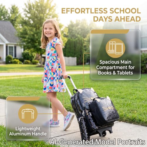 Cat School Bags Kids Rolling Backpack for Girls Luggage Kids Suitcase With Wheels Trolley Wheeled Backpacks Travel Bags 3PCS Lunch Box Pencil Case Backpacks for Girl‘s Black - color: Black-220223-l