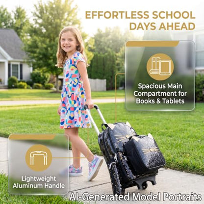 Cat School Bags Kids Rolling Backpack for Girls Luggage Kids Suitcase With Wheels Trolley Wheeled Backpacks Travel Bags 3PCS Lunch Box Pencil Case Backpacks for Girl‘s Black - color: Black-220223-l