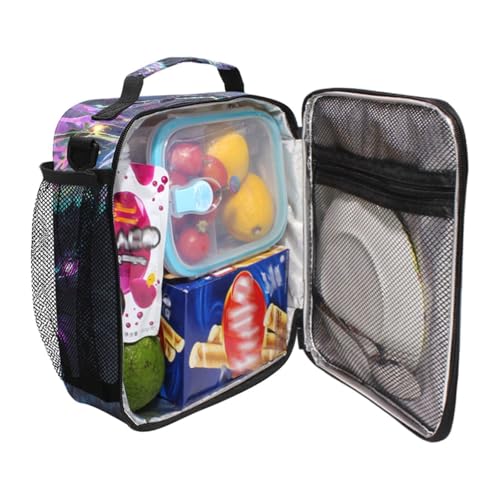 Black Wolf Purple Eyes Galaxy Lunch Box Insulated Lunch Bag Kids Cooler Tote Bag Freezable Shoulder Strap Lunchbox for Girls School Picnic - color: Multi2404